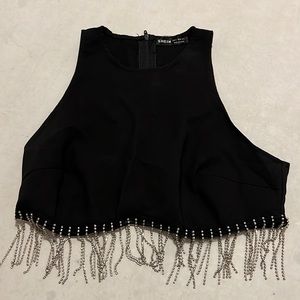 Black rhinestone fringe crop tank